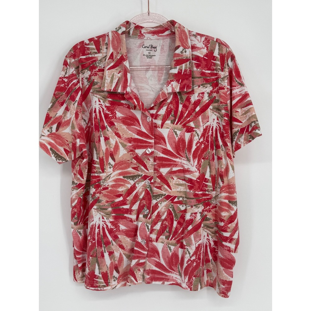 Coral Bay Red Tropical Leaf Short Sleeve Button Down Shirt Plus Women's Sz 1X
